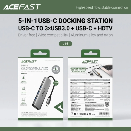 ACEFAST Hub stacja dokująca 5w1 USB-C - USB-A USB-C HDMI 4K 60Hz PD 90W