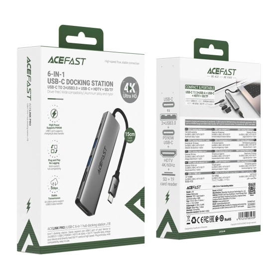ACEFAST Hub stacja dokująca 6w1 USB-C - UAB-A USB-C HDMI SD 4K 60Hz PD 90W