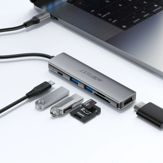ACEFAST Hub stacja dokująca 6w1 USB-C - UAB-A USB-C HDMI SD 4K 60Hz PD 90W