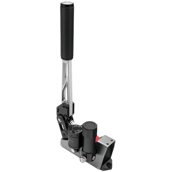 Hydrauliczny hamulec ręczny SIMAGIC TB-RS w czarnej aluminiowej obudowie z pionową dźwignią i zbiornikiem układu hydraul