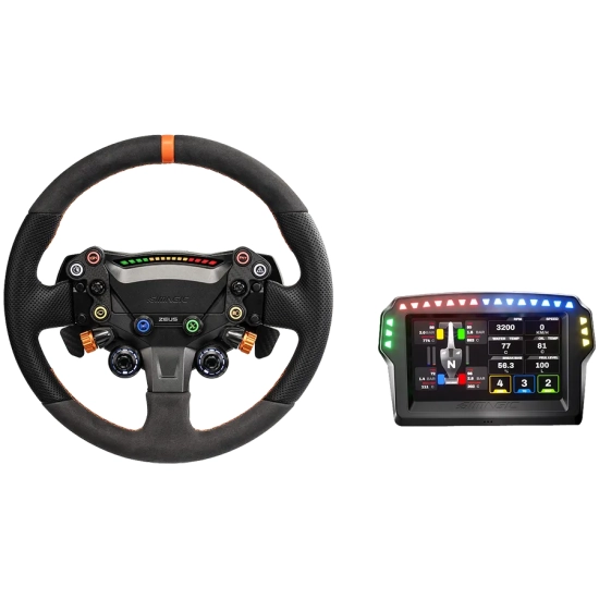 SIMAGIC Zeus Sport z MagicDash 4 – czarna kierownica 320 mm z ekranem telemetrycznym i elementami sterującymi RGB.