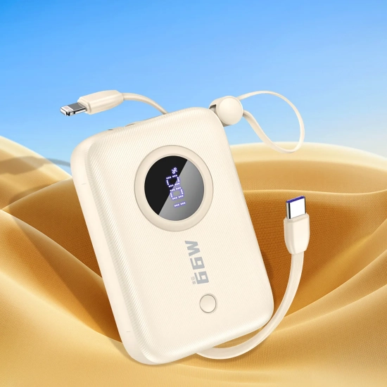 DUDAO Powerbank 10000mAh z kablami USB-C / iPhone Lightning beżowy