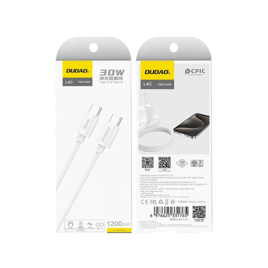 DUDAO Kabel przewód L4C USB-C - USB-C 30W 480Mb/s 2m - biały
