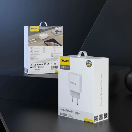 DUDAO Mała ładowarka sieciowa A14EUC PD 20W USB-C + kabel USB-C - biała