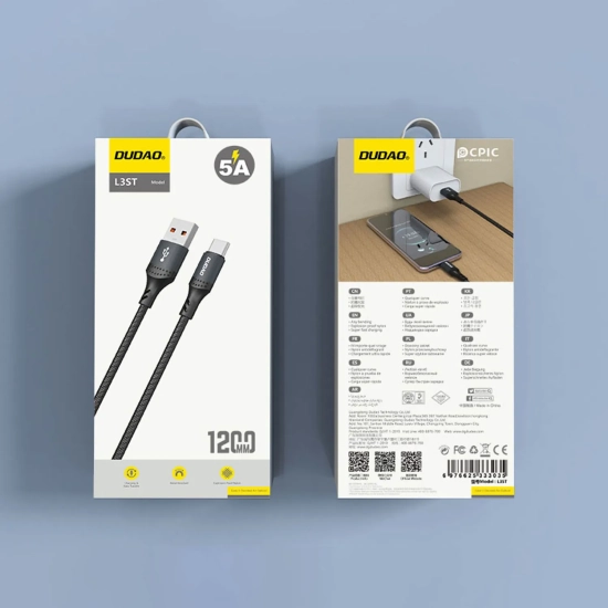 DUDAO Kabel przewód z oplotem L3ST USB-A - USB-C 5A 1.2m - czarny