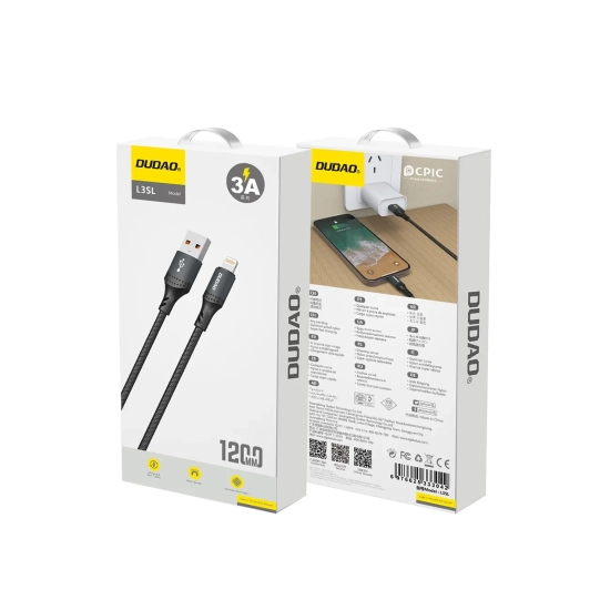 DUDAO Kabel przewód USB-A - iPhone Lightning w oplocie 3A 30W 1.2m - czarny