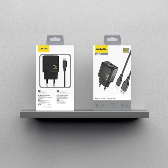 DUDAO Ładowarka sieciowa USB-A z kablem USB-A - USB-C 2.4A GaN - czarna