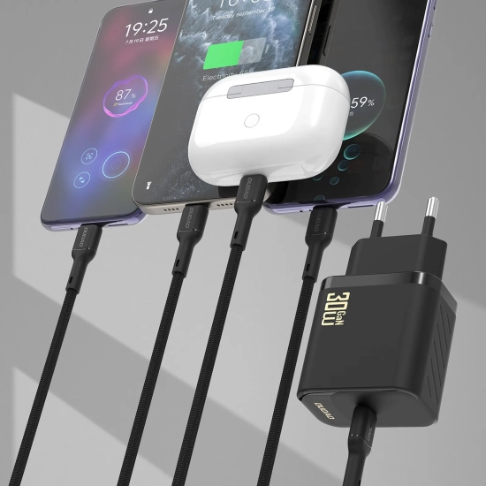 DUDAO Ładowarka sieciowa USB-C z kablem USB-C GaN PD 30W - czarna