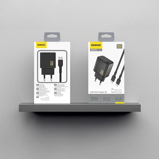 DUDAO Ładowarka sieciowa USB-C z kablem USB-C GaN PD 30W - czarna