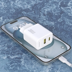 DUDAO Ładowarka sieciowa USB-A USB-C z kablem USB-C GaN PD 30W - biała