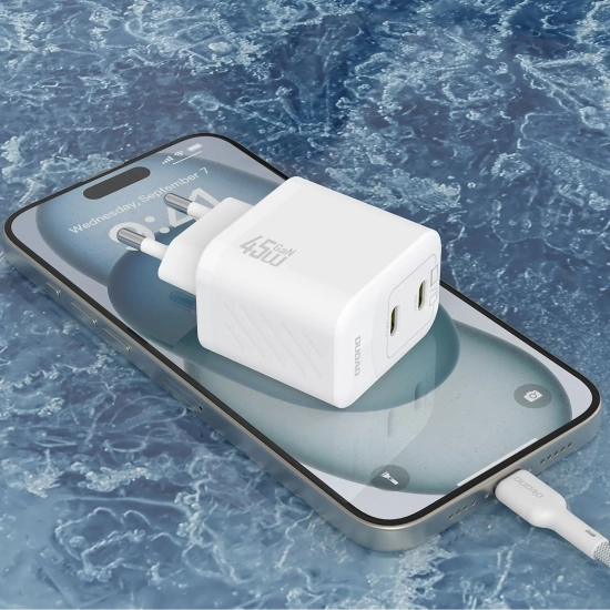DUDAO Ładowarka sieciowa 2xUSB-C z kablem USB-C GaN PD 45W - biała