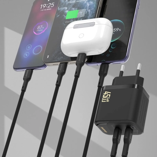 DUDAO Ładowarka sieciowa 2xUSB-C z kablem USB-C GaN PD 45W - czarna