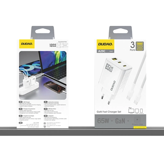 DUDAO Ładowarka sieciowa GaN z kablem USB-C 1m 65W -biała