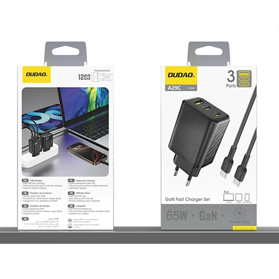 DUDAO Ładowarka sieciowa GaN z kablem USB-C 1m 65W - czarna