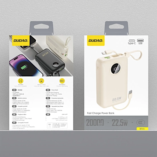 DUDAO Powerbank K14+ 20000mAh 22.5W USB-C USB-A z wbudowanymi kablami