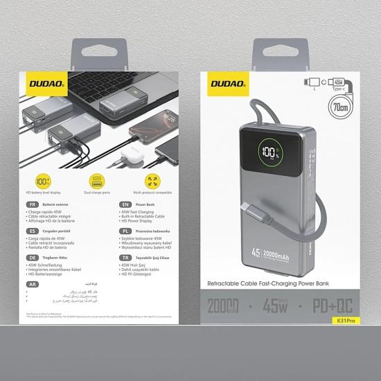 Powerbank Dudao K31 Pro 20000mAh 45W USB-C szary