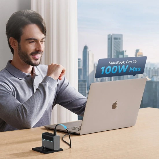 CUKTECH Ładowarka sieciowa USB-C USB-A z kablem USB-C GaN 100W - szara