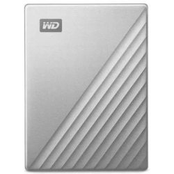 Srebrny zewnętrzny dysk WD My Passport Ultra for Mac 4 TB, model WDBPMV0040BSL-WESN.
