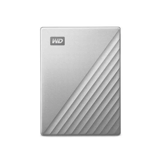 Srebrny zewnętrzny dysk WD My Passport Ultra for Mac 4 TB, model WDBPMV0040BSL-WESN.