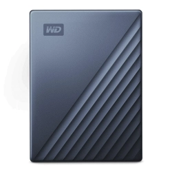 Niebieski przenośny dysk HDD WD My Passport Ultra 5 TB, model WDBFTM0050BBL-WESN, z portem USB-C.