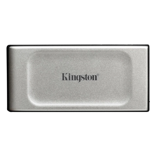 Kompaktowy zewnętrzny dysk SSD Kingston XS2000 1 TB, model SXS2000/1000G, w srebrno-czarnej obudowie.
