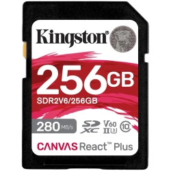 Karta pamięci Kingston Canvas React Plus 256 GB, format SDXC, model SDR2V6/256GB, kolor czarny.