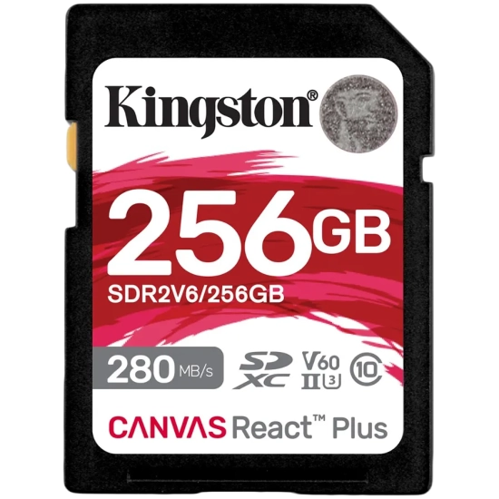 Karta pamięci Kingston Canvas React Plus 256 GB, format SDXC, model SDR2V6/256GB, kolor czarny.