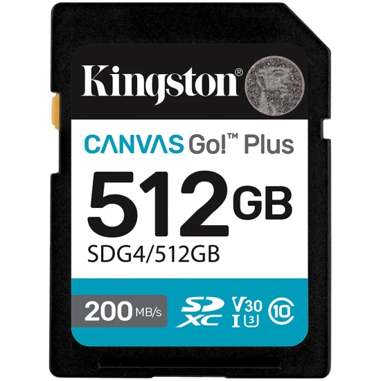 Karta pamięci Kingston Canvas Go Plus Gen4 512 GB, format SDXC, model SDG4/512GB, kolor czarny.
