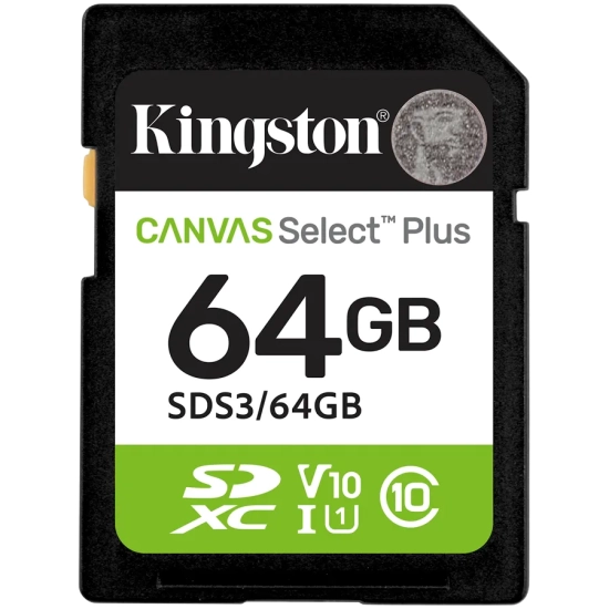 Karta pamięci Kingston Canvas Select Plus Gen3 64 GB, format SDXC, model SDS3/64GB, kolor czarny.
