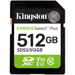 Karta pamięci Kingston Canvas Select Plus Gen3 512 GB, format SDXC, model SDS3/512GB, kolor czarny.