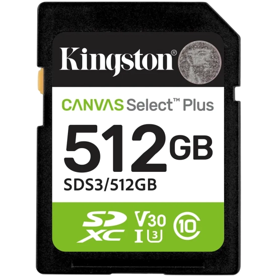 Karta pamięci Kingston Canvas Select Plus Gen3 512 GB, format SDXC, model SDS3/512GB, kolor czarny.