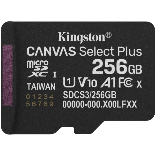 Karta pamięci Kingston Canvas Select Plus Gen3 256 GB, format microSDXC, model SDCS3/256GBSP, kolor czarny.