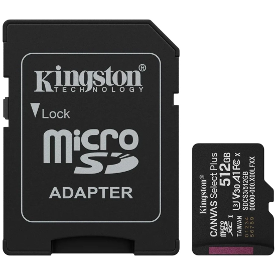 Karta pamięci Kingston Canvas Select Plus Gen3 512 GB, format microSDXC, model SDCS3/512GB, kolor czarny.