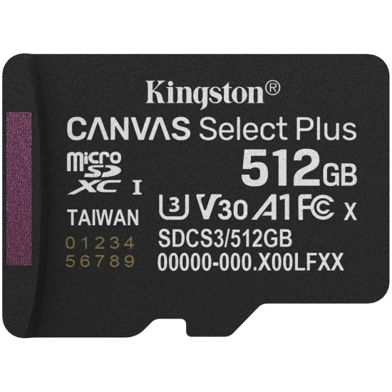 Karta pamięci Kingston Canvas Select Plus Gen3 512 GB, format microSDXC, model SDCS3/512GBSP, kolor czarny.