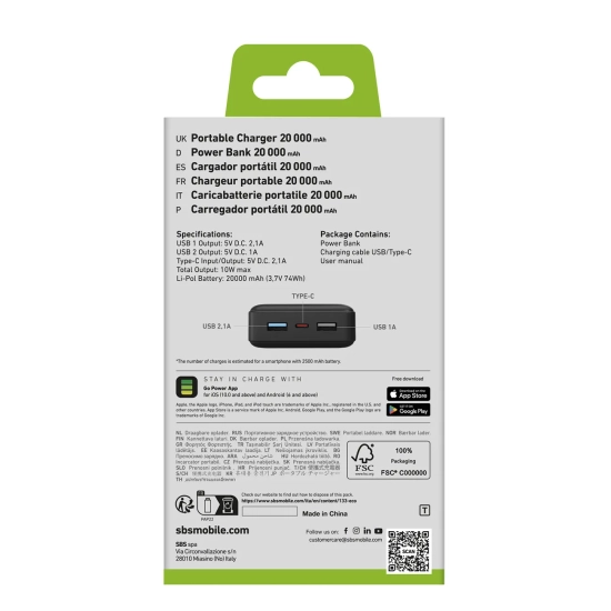 SBS Powerbank 20000 mAh USB-A USB-C - czarny