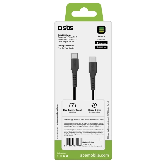 SBS Kabel przewód USB-C - USB-C 3m - czarny