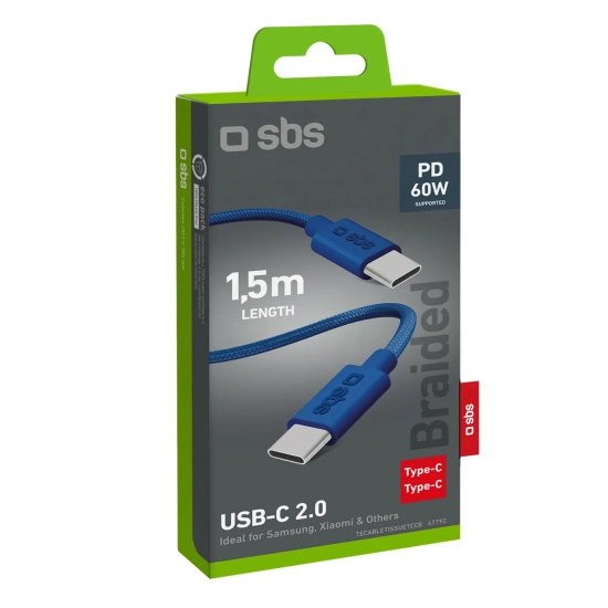 SBS Kabel przewód w oplocie USB-C - USB-C 60W 1.5m - niebieski