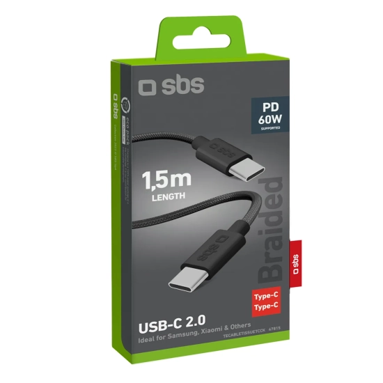 SBS Kabel przewód w oplocie USB-C 60W 1.5m - czarny