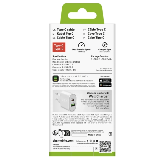 SBS Kabel przewód USB-C PD 25W 1 m - biały
