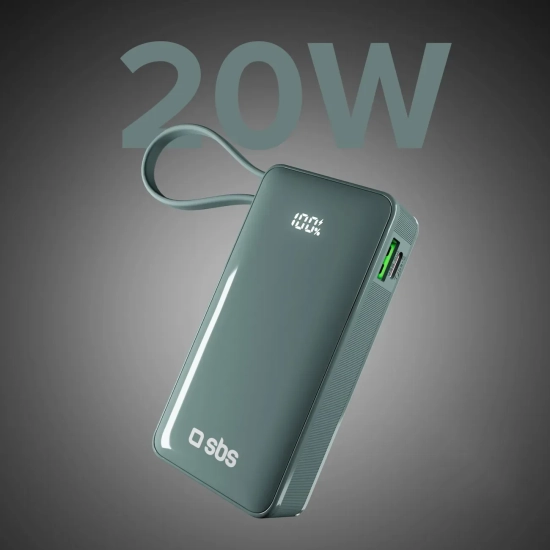 Powerbank SBS 10000mAh 20W z kablem USB-C szary