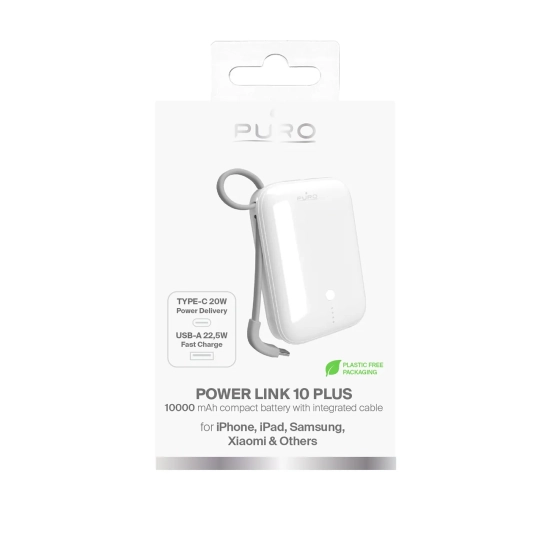 PURO Powerbank 10000mAh USB-A USB-C z wbudowanym kablem - biały