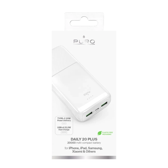PURO Powerbank 20000mAh USB-A USB-C PD AFC 22.5W - biały