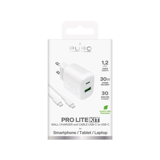 PURO Ładowarka sieciowa USB-A USB-C z kablem USB-C 30W 1.2m - biała
