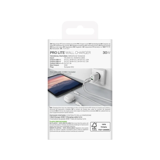 PURO Ładowarka sieciowa USB-A USB-C z kablem USB-C 30W 1.2m - biała