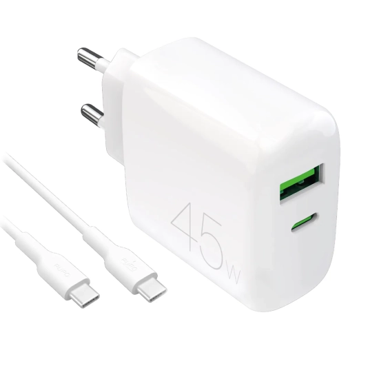 PURO Ładowarka sieciowa USB-C USB-A PD z kablem USB-C 45W - biała