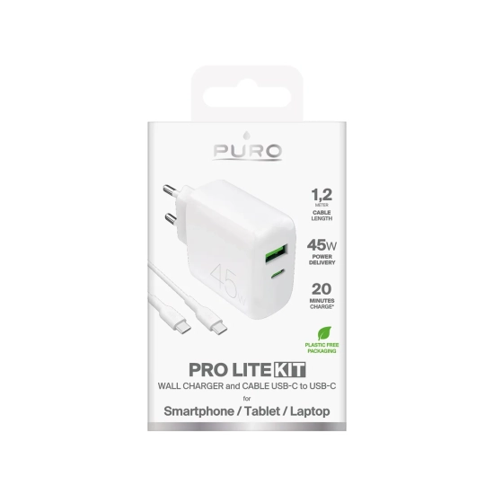 PURO Ładowarka sieciowa USB-C USB-A PD z kablem USB-C 45W - biała