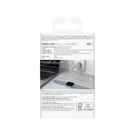 PURO Ładowarka sieciowa USB-C USB-A PD z kablem USB-C 45W - biała