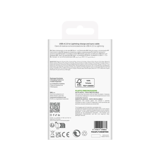PURO Kabel przewód USB-A - iPhone Lightning TPE 12W 2m - biały