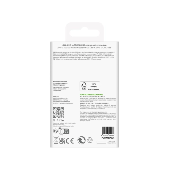 PURO Kabel przewód USB-A - microUSB TPE 12W 1m - czarny