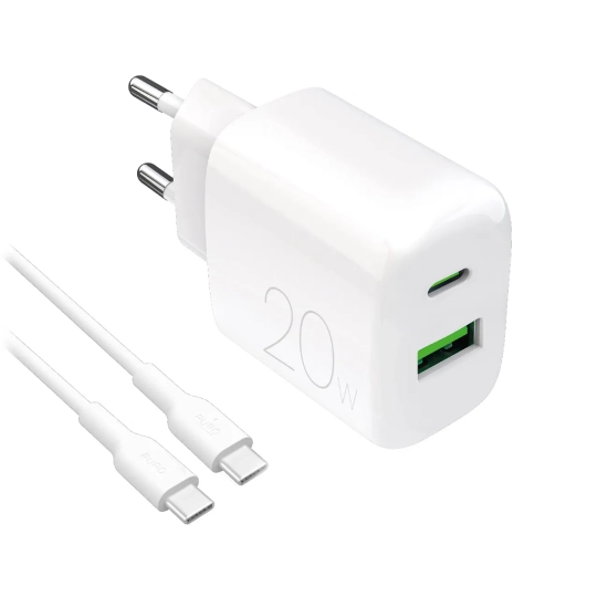 PURO Ładowarka sieciowa USB-A USB-C 20W z kablem USB-C 1.2m - biała